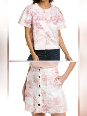 NWT Ted Baker Pink Toile Print Short Sleeve Top & Button-Front Mini Skirt Set 00